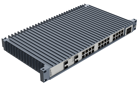 Westermo Industrial Rackmount Switch Redfox-5328-F4G-T24 top left angle view.