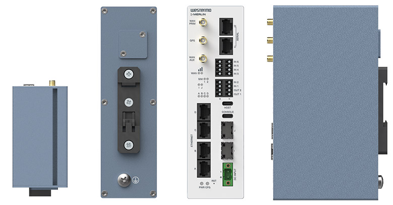 Westermo Merlin cellular router from different viewing angles.