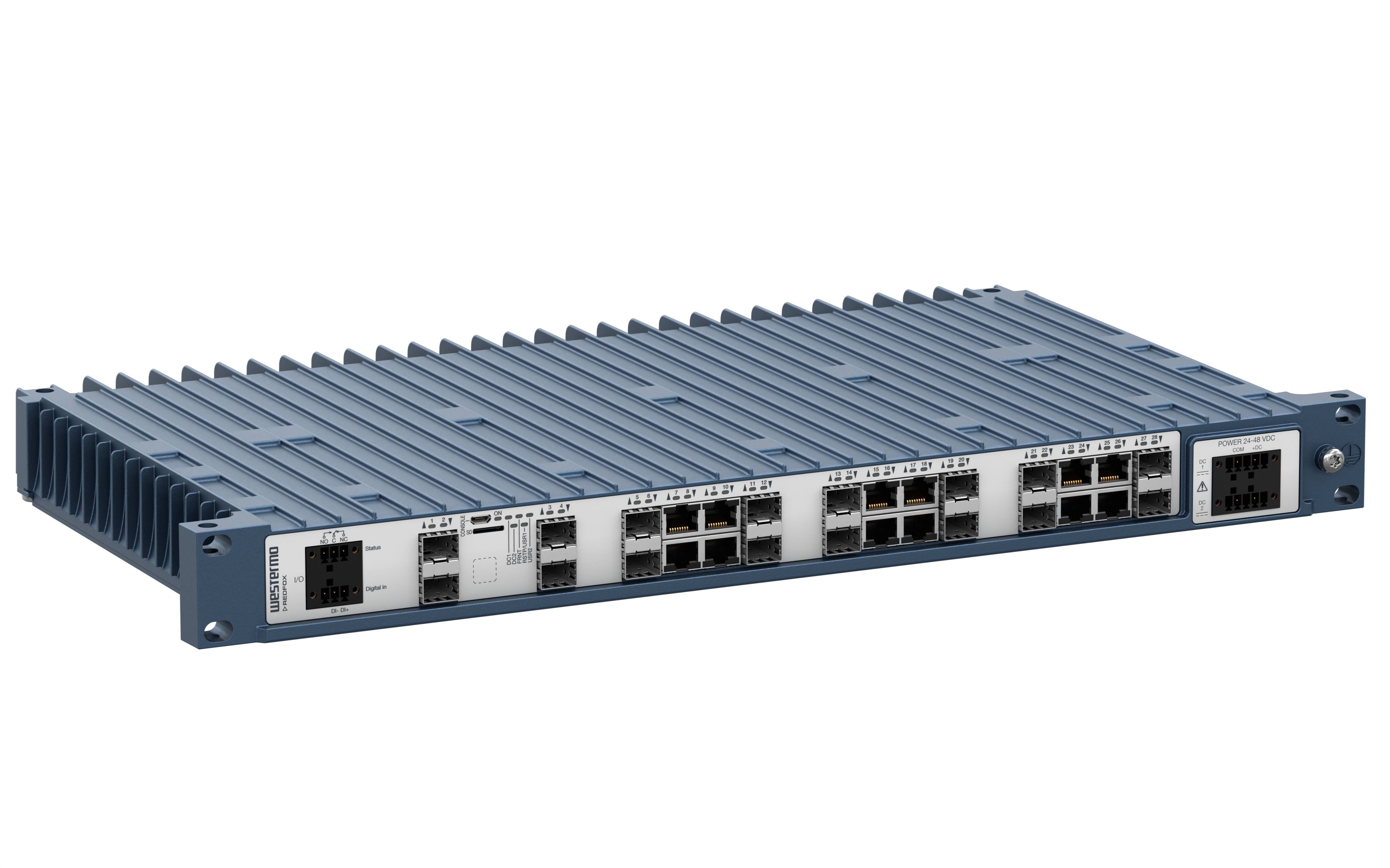 Westermo Industrial Rackmount Switch Redfox-5528-F16G-T12G-LV left view.